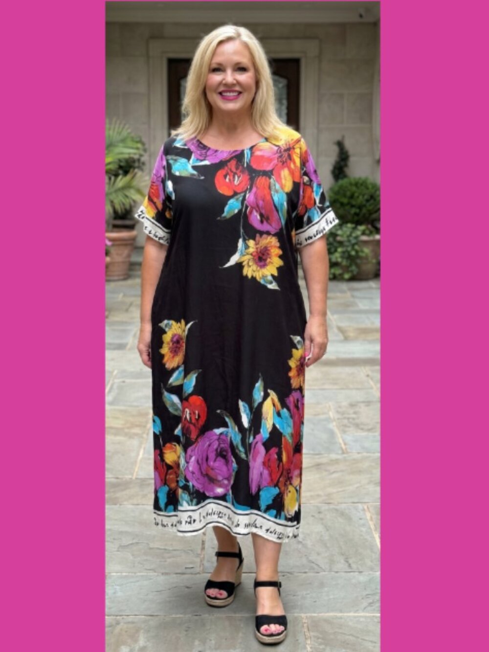 Made in Italy Viscose Blooming Elegance Dress Black - One Size Plus Fits M - 2X
